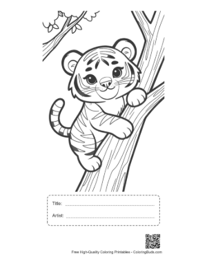 Thumbnail: Curious Tiger Cub Climbing Up a Tall Forest Tree Printable with Title and Artist Box
