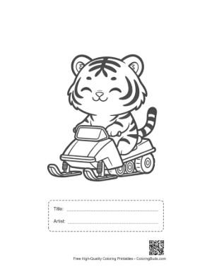 Thumbnail: Cute Siberian Tiger Cub Riding a Snowmobile Through the Snow Printable with Title and Artist Box