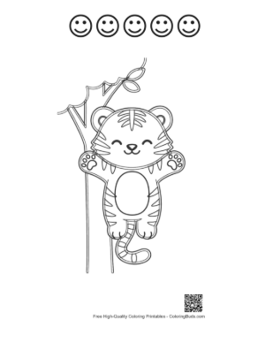 Thumbnail: Funny Siberian Tiger Cub Dangling from a Tree Branch Printable and 5 Happy Face Outline