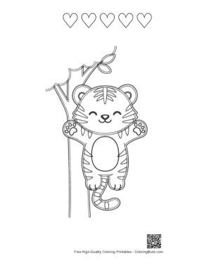 Thumbnail: Funny Siberian Tiger Cub Dangling from a Tree Branch Printable and 5 Heart Outline