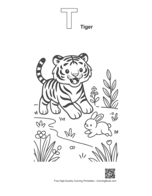 Thumbnail: Little Tiger Cub Meeting a Bunny in a Flower Meadow Printable Outline Alphabet T Tiger