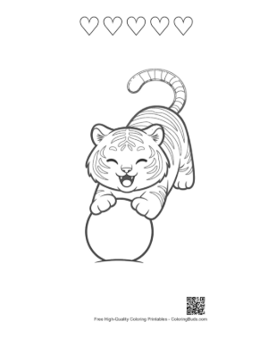 Thumbnail: Playful Siberian Tiger Cub Rolling a Large Ball of Snow Printable and 5 Heart Outline