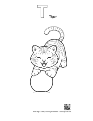 Thumbnail: Playful Siberian Tiger Cub Rolling a Large Ball of Snow Printable Outline Alphabet T Tiger