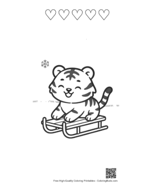 Thumbnail: Playful Tiger Cub Sliding Down a Snowy Hill on a Sled Printable and 5 Heart Outline