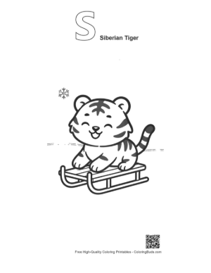 Thumbnail: Playful Tiger Cub Sliding Down a Snowy Hill on a Sled Printable Outline Alphabet S Siberian Tiger