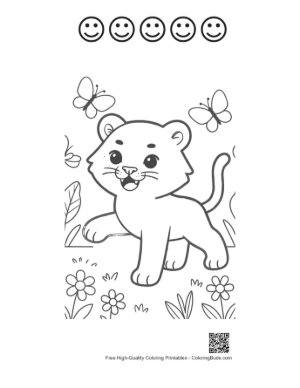 Thumbnail: Siberian Tiger Cub Playing with Butterflies in a Meadow Printable and 5 Happy Face Outline