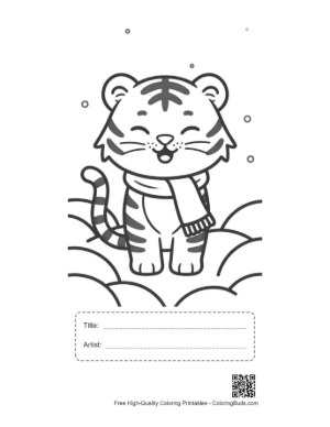 Thumbnail: Cheerful White Tiger Cub Playing in a Snowy Field Printable with Title and Artist Box