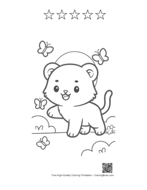 Thumbnail: Cute White Tiger Cub Chasing Butterflies in the Garden Printable and 5 Star Outline