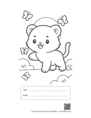 Thumbnail: Cute White Tiger Cub Chasing Butterflies in the Garden Printable with Title and Artist Box