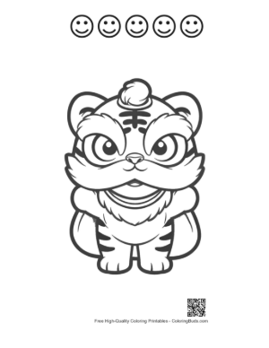 Thumbnail: Cute White Tiger Cub in a Festive Lion Dance Outfit Printable and 5 Happy Face Outline