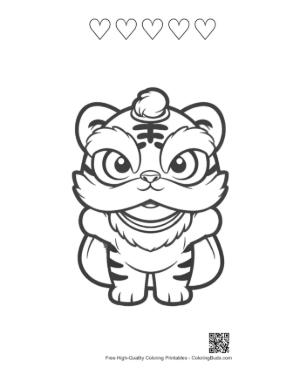 Thumbnail: Cute White Tiger Cub in a Festive Lion Dance Outfit Printable and 5 Heart Outline