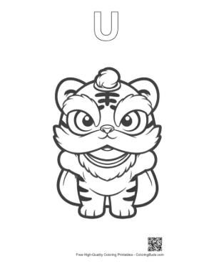 Thumbnail: Cute White Tiger Cub in a Festive Lion Dance Outfit Printable Outline Alphabet U