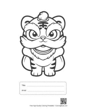 Thumbnail: Cute White Tiger Cub in a Festive Lion Dance Outfit Printable with Title and Artist Box