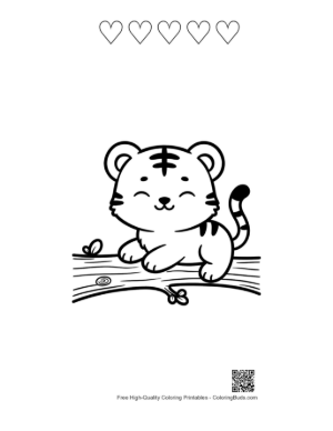 Thumbnail: Cute White Tiger Cub Looking Out from a Log Printable and 5 Heart Outline