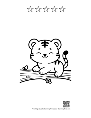 Thumbnail: Cute White Tiger Cub Looking Out from a Log Printable and 5 Star Outline