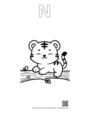 Thumbnail: Cute White Tiger Cub Looking Out from a Log Printable Outline Alphabet N