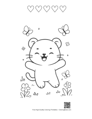 Thumbnail: Happy Baby White Tiger Jumping in a Flower Meadow Printable and 5 Heart Outline
