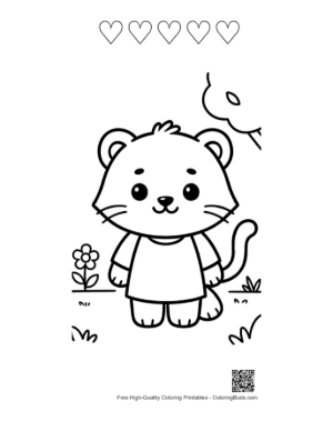 Thumbnail: Little Tiger Cub in a Dress Standing by a Fence Printable and 5 Heart Outline