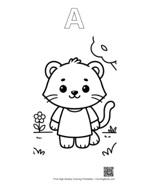 Thumbnail: Little Tiger Cub in a Dress Standing by a Fence Printable Outline Alphabet A