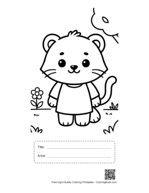 Thumbnail: Little Tiger Cub in a Dress Standing by a Fence Printable with Title and Artist Box
