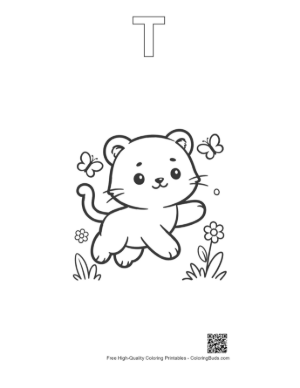 Thumbnail: Playful Baby Tiger Cub Flying Through the Air in Nature Printable Outline Alphabet T