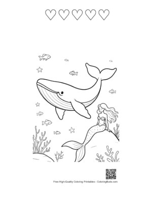 Thumbnail: Blue Whale and Mermaid Under the Bright Sun Printable and 5 Heart Outline