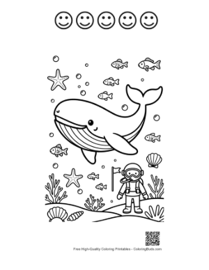 Thumbnail: Blue Whale Encountering an Underwater Diver Printable and 5 Happy Face Outline