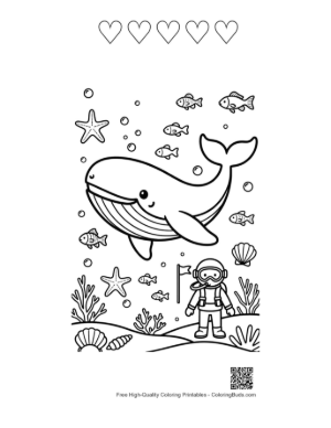 Thumbnail: Blue Whale Encountering an Underwater Diver Printable and 5 Heart Outline