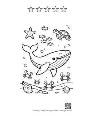 Thumbnail: Blue Whale Under the Sea with Coral and Fish Printable and 5 Star Outline