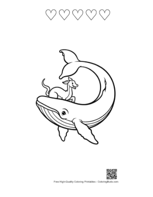 Thumbnail: Blue Whale with Playful Fawn Outline Printable and 5 Heart Outline