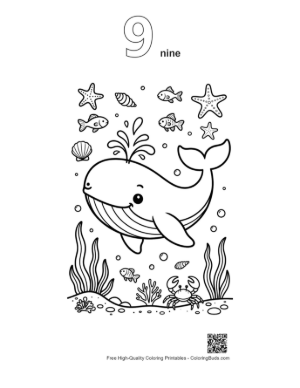 Thumbnail: Cute Blue Whale Printable Outline Number 9