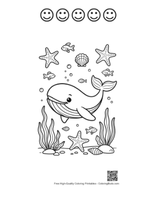 Thumbnail: Happy Blue Whale with Starfish and Bubbles Printable and 5 Happy Face Outline