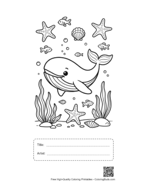 Thumbnail: Happy Blue Whale with Starfish and Bubbles Printable with Title and Artist Box