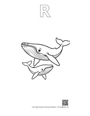Thumbnail: Mother Blue Whale and Calf Swimming Printable Outline Alphabet R