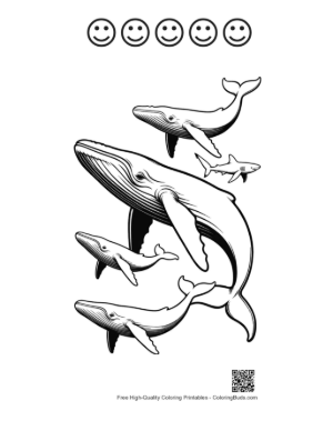 Thumbnail: Playful Blue Whales and Shark Line Art Printable and 5 Happy Face Outline