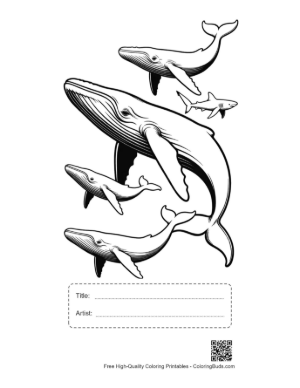 Thumbnail: Playful Blue Whales and Shark Line Art Printable with Title and Artist Box