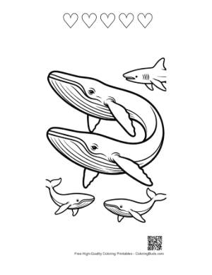 Thumbnail: Playful Blue Whales and Shark Outline Art Printable and 5 Heart Outline