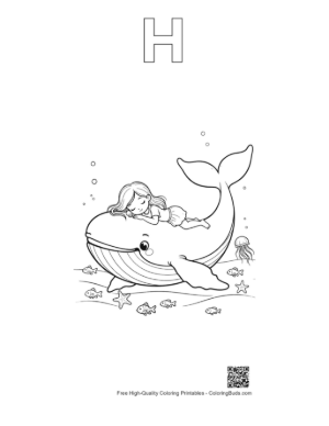 Thumbnail: Small Girl Resting on a Sleeping Whale Printable Outline Alphabet H