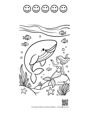 Thumbnail: Whale Playing with a Mermaid Underwater Printable and 5 Happy Face Outline