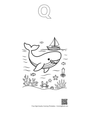 Thumbnail: Whale Swimming Below a Sailing Boat Printable Outline Alphabet Q