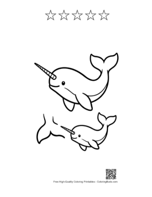 Thumbnail: Adorable Narwhal Duo Line Art Printable and 5 Star Outline