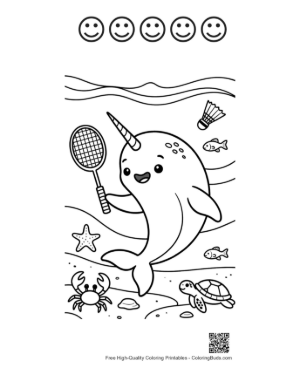Thumbnail: Athletic Narwhal Playing Tennis Underwater Printable and 5 Happy Face Outline