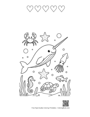 Thumbnail: Beautiful Narwhal Swimming in a Magical Ocean Printable and 5 Heart Outline