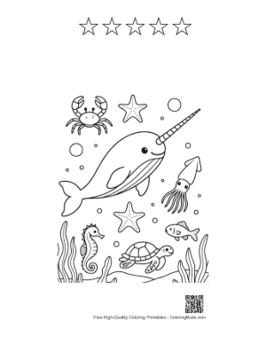 Thumbnail: Beautiful Narwhal Swimming in a Magical Ocean Printable and 5 Star Outline