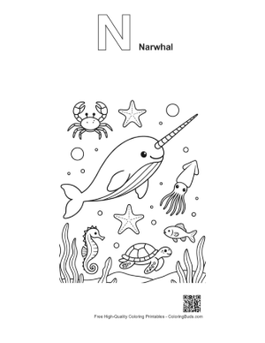 Thumbnail: Beautiful Narwhal Swimming in a Magical Ocean Printable Outline Alphabet N Narwhal
