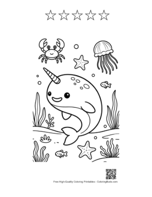 Thumbnail: Cheerful Narwhal Swimming Near Coral Reef Printable and 5 Star Outline