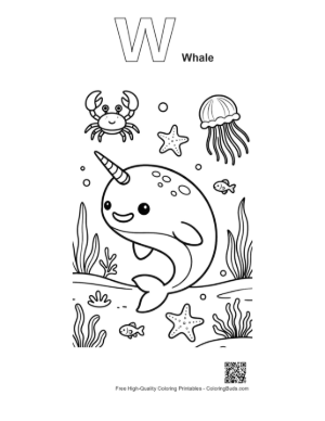 Thumbnail: Cheerful Narwhal Swimming Near Coral Reef Printable Outline Alphabet W Whale