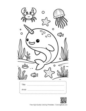 Thumbnail: Cheerful Narwhal Swimming Near Coral Reef Printable with Title and Artist Box