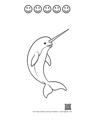 Thumbnail: Cute Cartoon Narwhal Leaping Joyfully Printable and 5 Happy Face Outline