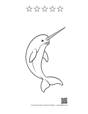 Thumbnail: Cute Cartoon Narwhal Leaping Joyfully Printable and 5 Star Outline